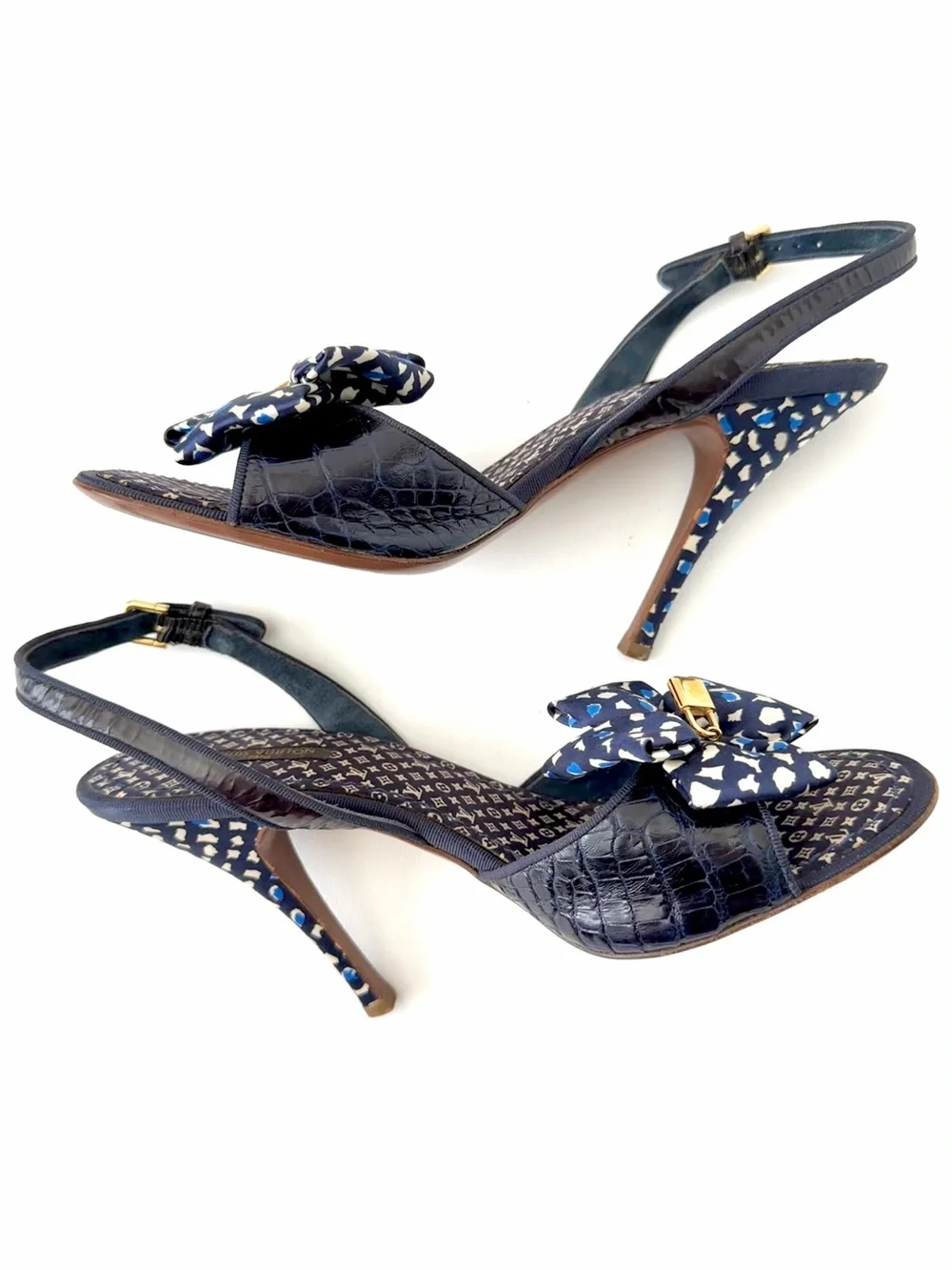 LOUIS‎ VUITTON | Padlock Bow Slingback Sandals Navy Croc Embossed Heels EU 39